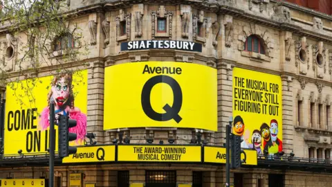 The Shaftesbury Theatre exterior with bright yellow Avenue Q signage and puppets on the facade